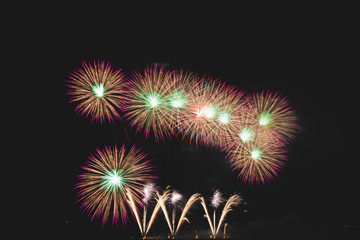 Colorful fireworks on the black sky background at pattaya international fireworks festival 2018....