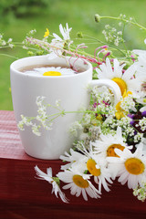 A cup of tea with daisies bouquet	