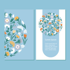 Business card template. Design with spring flowers on blue and white background, seamless pattern. Vector illustration.