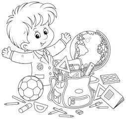 Smiling little schoolboy with rules, textbooks, exercise books, pencils, pens, a football, a globe and a school bag, black and white vector illustration in a cartoon style