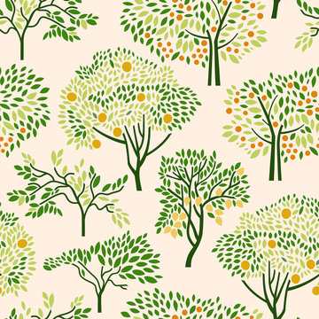 Seamless pattern with citrus trees mandarin, orange, lemon. Surface design. Vector illustration.