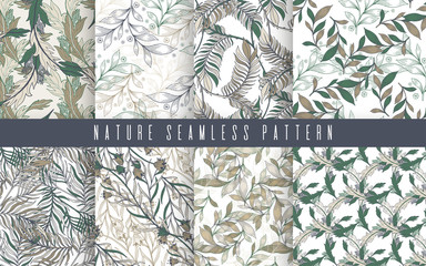 Materiał do szycia Decorative ornamental seamless spring seamless pattern set. Endless elegant texture with leaves. Tempate for design fabric, backgrounds, wrapping paper, package, covers.