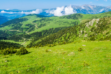 Fototapeta na wymiar View of a beautiful green mountain valley (Catalanan Pyrenees, Setcases, Spain).