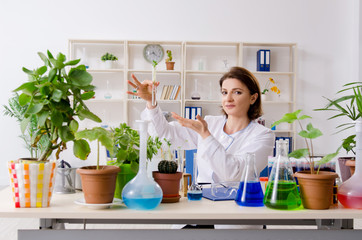 Old female biotechnology chemist working in the lab 