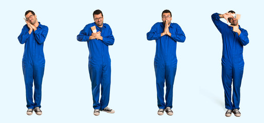 Fototapeta premium Set of painter man over isolated blue background