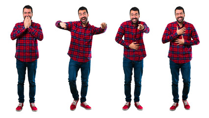 Fototapeta premium Set of Handsome man pointing with finger at someone and laughing a lot