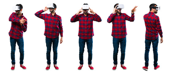 Set of Handsome man using VR glasses. Virtual reality experience