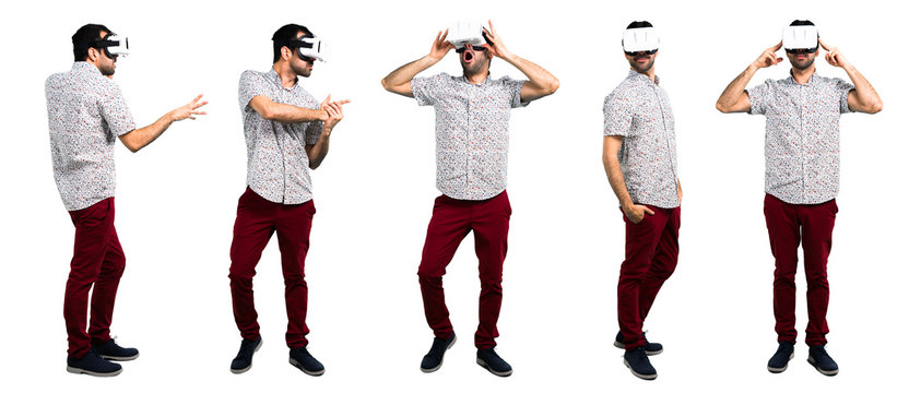 Set Of Handsome Man With Glasses Using VR Glasses