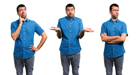 Set of Handsome man with blue shirt having doubts and with confuse face expression