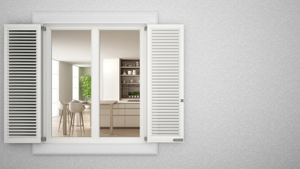 Fototapeta na wymiar Exterior plaster wall with white window with shutters, showing interior modern kitchen, blank background with copy space, architecture design concept idea, mockup template