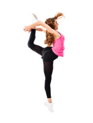 Young dance girl over isolated white background jumping