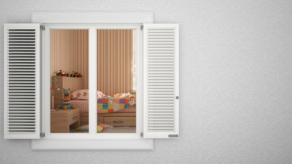 Exterior plaster wall with white window with shutters, showing interior bedroom, blank background with copy space, architecture design concept idea, mockup template