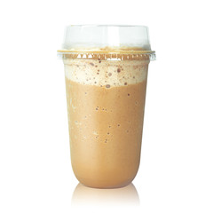 Chocolate latte coffee in plastic cup isolated on white background. Brown mocha milk. ( Clipping path )