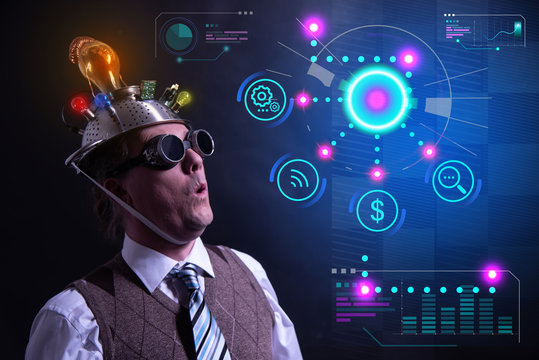 Funny nerd or geek with digital HUD elements