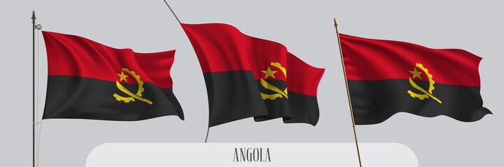 Set of Angola waving flag on isolated background vector illustration - obrazy, fototapety, plakaty
