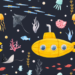 Watercolor underwater submarine pattern