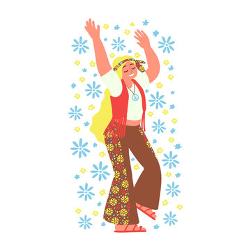 Cheerful hippie girl isolated on white background. Subculture. Vector illustration.