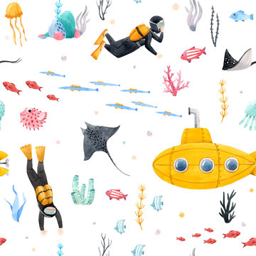 Watercolor underwater submarine pattern