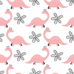 Seamless pattern with hand drawn different cute dinosaurs. Childish texture for fabric, textile, vector fill. Vector background 