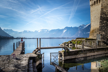 Scenic View of Lake Geneva from Château de Chillon Pier on a Sunny Day