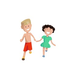 a boy in red shorts and a girl in a green dress are running alongside
