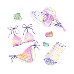 Set of watercolor beach essentials. Hand drawn elements:  beach towel, hat, swimsuit and seashells. Isolated on white background. - Illustration