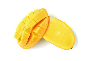 Juicy Fresh Ripe Mango Cut in Half and Crosswise Cut Isolated on White Background