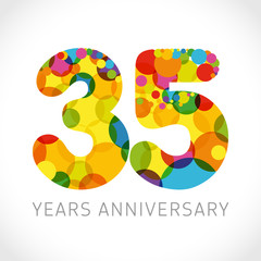 35 th anniversary numbers. 35 years old multicolored logotype. Congrats age greetings, congratulation idea. Isolated abstract graphic design template. Coloured digits up to -35% percent off discount.
