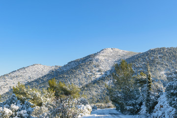 Mountain Hymettus (Ymittos) covered in snow