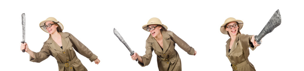Woman wearing safari hat on white