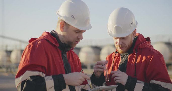 Two male engineers on oil field discussing work, examining oil samples and working with tablet