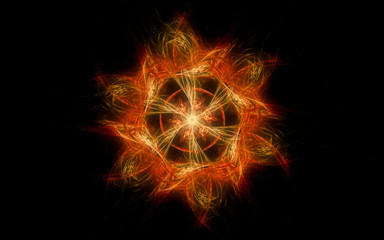 illustration of a fantastic bright glowing star with six rays on a black background with an orange circle in the middle