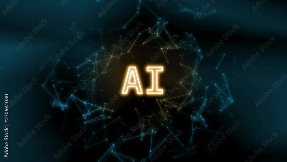 Poster 3d rendering of 4k ai text on network nodes with connected blue glowing dots and lines moving smooth