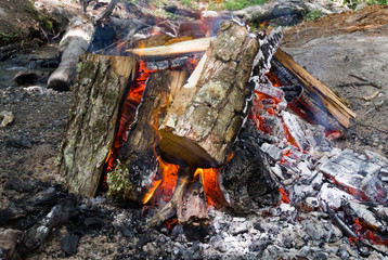 firewood burning to make barbecue