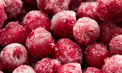 Group Of Frozen Cherries on a dark background Close Up. 
