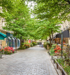 A quiet street with restaurants in the bohemian Marais district of Paris