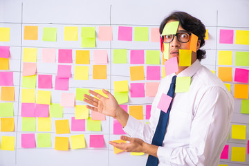 Young employee in conflicting priorities concept 