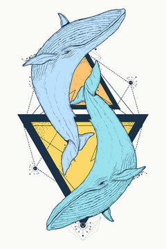 Two color whales tattoo geometric style. Mystical symbol of adventure, dreams. Creative geometric print design