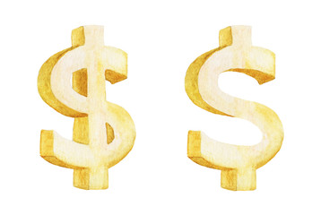 Golden Dollar, Watercolor illustration painting isolated on white background. Dollar sign set.