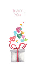 White gift box with many cute hearts and text: thank you on white background. Hand drawn watercolor illustration. Thank you card.
