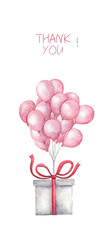 White gift box with pink balloon and text: thank you on white background. Hand drawn watercolor illustration. Thank you card.