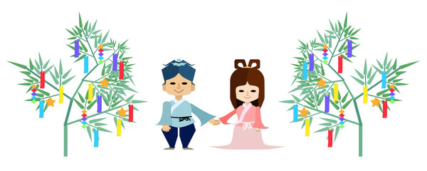 短冊を飾った笹とデフォルメした3頭身の織姫と彦星が手をつないで微笑んでいる七夕用イラスト 