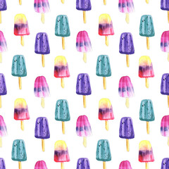 Watercolor seamless pattern with fruit cream popsicles. Summer print. Isolated on white background - Illustration