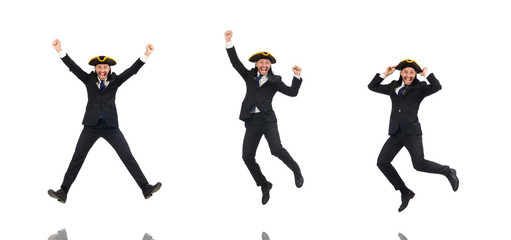 Jumping businessman wearing tricorn isolated on white