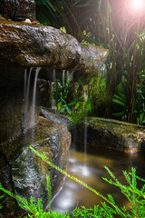 a small waterfall in the forest and jungle, hidden among the plants, darkness and little sun. shooting with long exposure, green background of plants