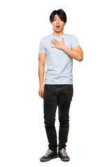 A full-length shot of a Asian man with blue shirt surprised and shocked while looking right over...