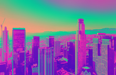 Obrazy na Szkle  Widok z lotu ptaka na centrum Los Angeles o zachodzie słońca funky gradient