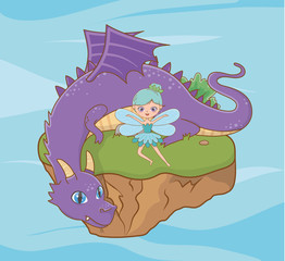 Medieval dragon and fairy of fairytale design