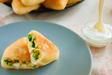 fried patty cut on a gray plate