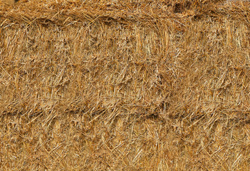 Straw was pressed into large bales lying on top of each other.Texture or background.